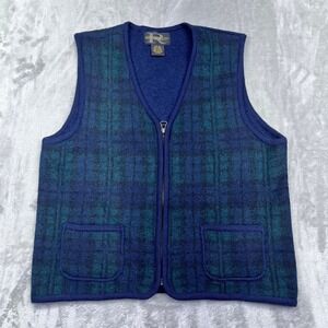 VTG Requirements Wool Blend Plaid Vest Sz M‎ Zip Front Sweater Blue Green